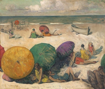 Figures with umbrellas on a beach - Maurice Molarsky