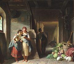 Two girls standing in a scullery reading a letter by Reinhard Sebastian Zimmermann, 1859