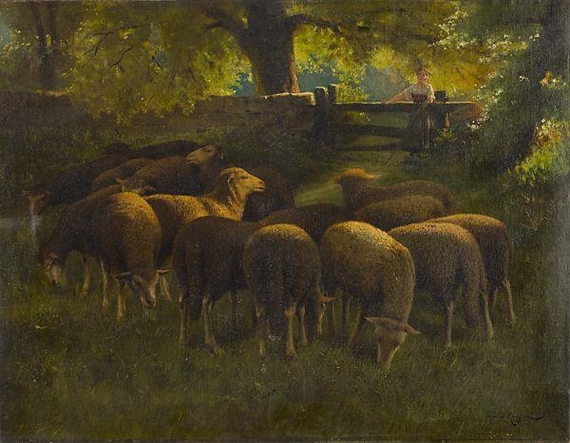 A pastoral painting of a flock of sheep grazing in a sunlit meadow with a shepherd figure in the background.