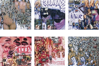 FROM THE BULLET-HOLE SERIES: VIRGINIE; FROM THE SERIES ANTIBIOTIQUES: AUGMENTIN; FROM THE SERIES ANTIBIOTIQUES: CIBLOR; FROM THE SERIES ANTIFONGINIQUES: DERMALOZ; FROM THE SERIES ANTIFONGINIQUES: PEVISONE; UTOPIA IS NOT FASHIONABLE, REALITY IS NOT FASHIONABLE [SIX WORKS] - Thomas Hirschhorn