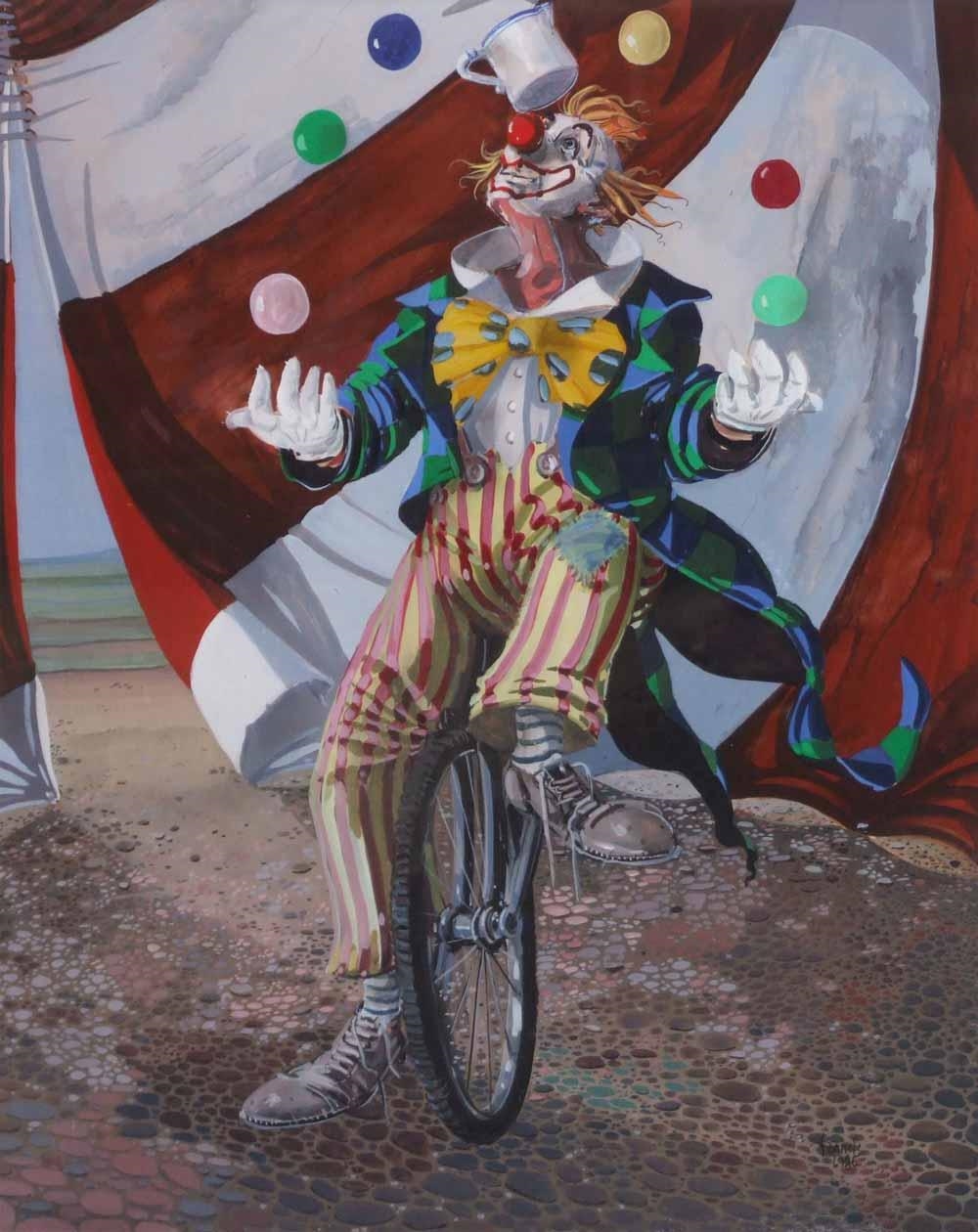 Artwork by Francis Wainwright, A juggling clown on a unicycle, Made of acrylic on board