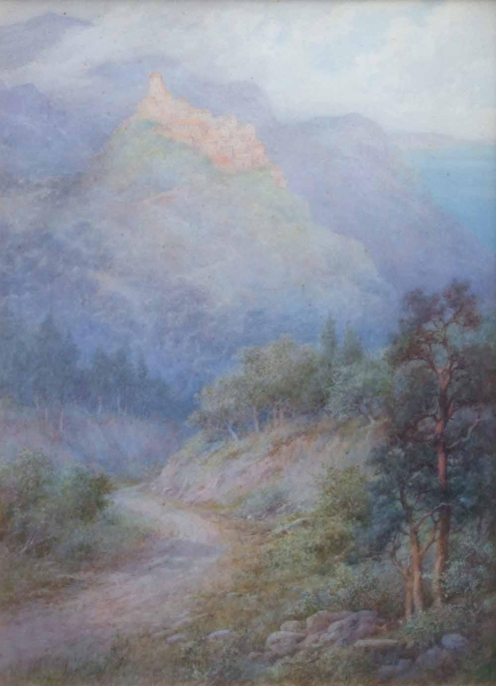 Artwork by Harry Foster Newey, Mountainous landscape with distant town, Made of watercolour