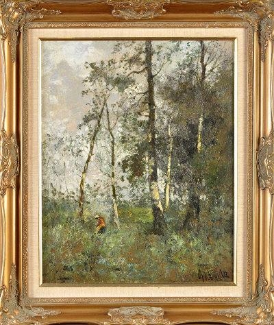 A WOODLAND SCENE WITH A WOMAN GATHERING KINDLING by George A. Boyle