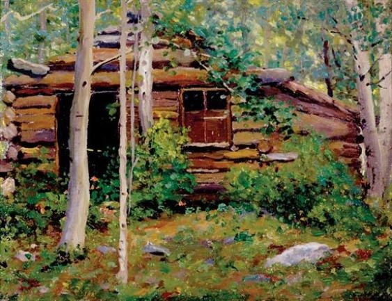 LOG CABIN IN FOREST by Charles James Ryan
