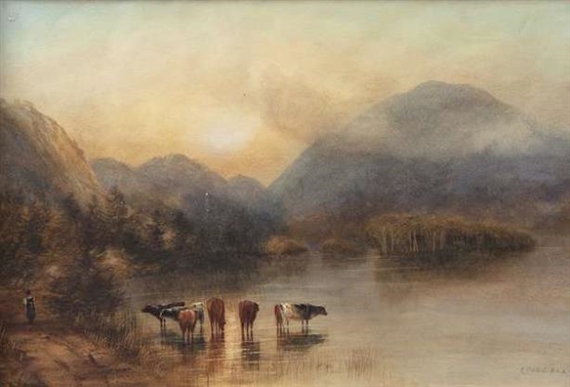 Cattle in a Mountain Landscape by Andrew Nicholl