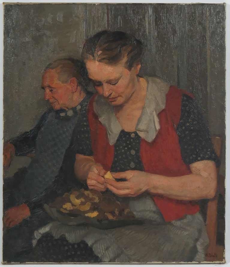 Artwork by Herman Diels, Woman peeing an apple, Made of Oil on canvas