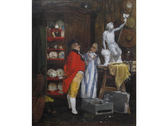 A sculptor talking to a client in his studio by Pierre-Léon-Horace Ruel, 1879