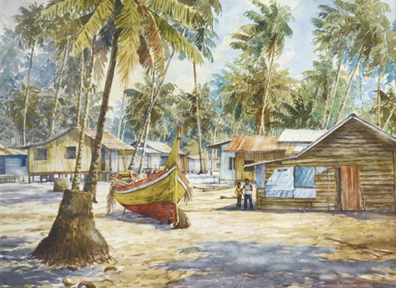 lukisan suasana kampung nelayan