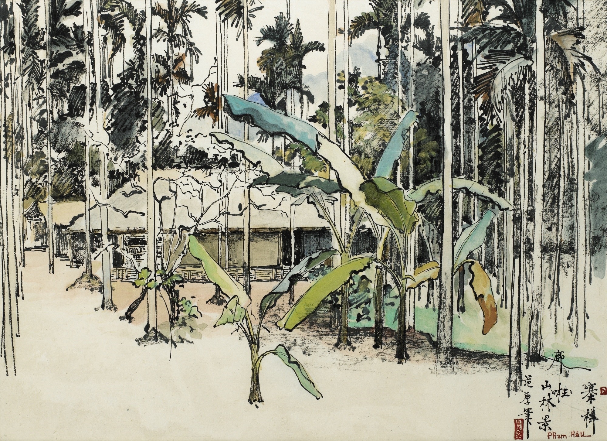 Artwork by Pham Hau, VIEW OF A VILLAGE NEAR HANOI, Made of Ink and watercolor on paper mounted on board
