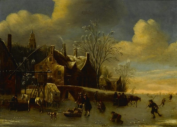 A winter landscape with figures on a frozen river by Balthasar van der Veen