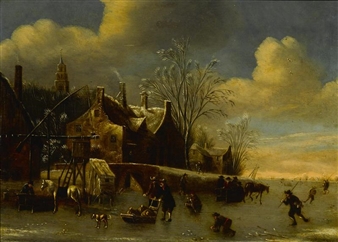 A winter landscape with figures on a frozen river - Balthasar van der Veen
