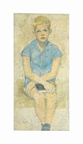 A portrait of a seated figure holding a book.