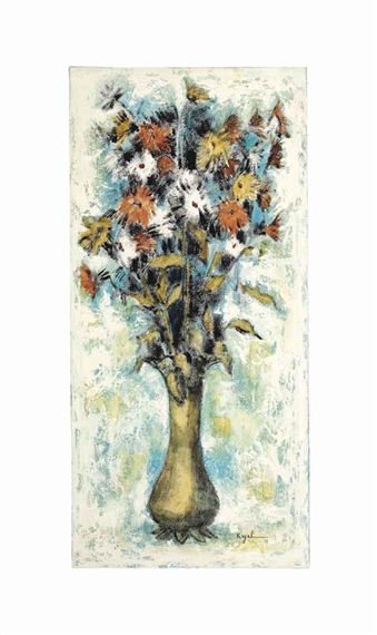 A vertical floral still life featuring a vase of autumnal flowers against a textured background.