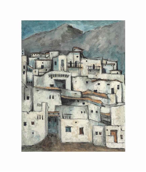 A layered village scene with white buildings and a mountain backdrop.