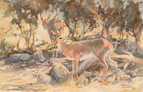 Artwork by Johan Grobler, Steenbokkies in the Shade, Made of Oil on board