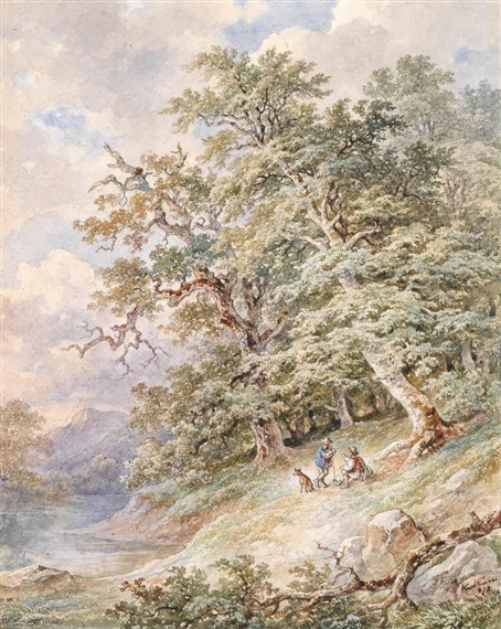 Two travellers resting at a lakeshore by Josef Kriehuber, 1873