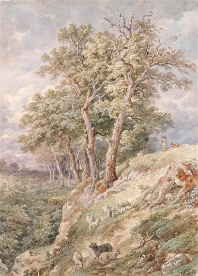 A shepherd with his flock at a slope by Josef Kriehuber, 1873