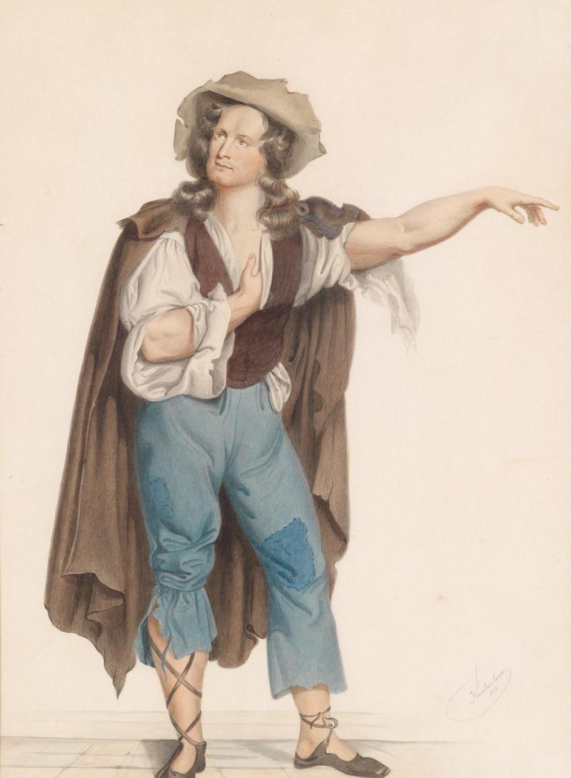 Artwork by Josef Kriehuber, A portrait of the actor (at the Vienna Burgtheater) Bernhard Baumeister in the role of the Piper of Hamelin, Made of watercolor on paper
