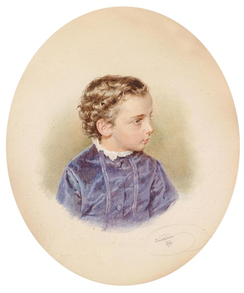 A three-quarter length portrait of a boy in a violet-blue dress by Josef Kriehuber, 1872