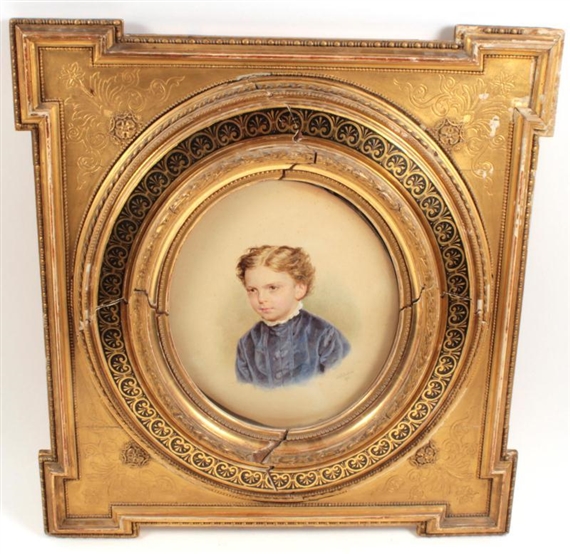 A portrait of a blond boy in a violet-blue dress by Josef Kriehuber, 1872