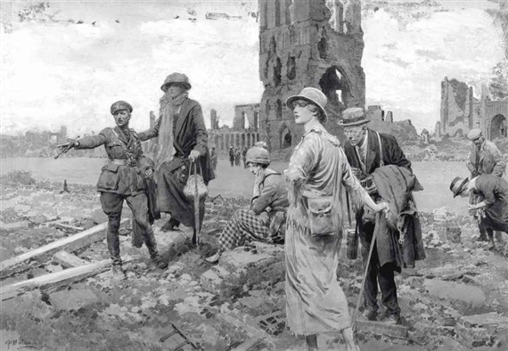 A field of great sorrow and of greater glory: The battle ground of Ypres - Visiting the old battlefields of the Western Front the scene by the ruined cloth hall of Ypres by Fortunino Matania
