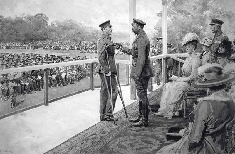 Artwork by Fortunino Matania, 2 works; The King's investiture in Hyde Park H.R.H. King George V awarding the V. C. to Private T. Hughes (illustrated); H.R.H. King George V with his Navy - An impression at Spithead, Made of pencil, pen and grey ink and grey wash, the second heightened with white, both on board
