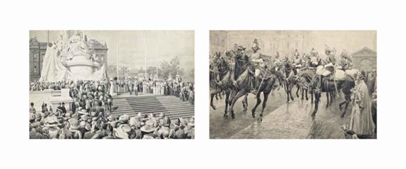 2 works; The statue of Queen Victoria unveiled by King George in the Mall;  Changing of the Guard at Horse Guard's Parade