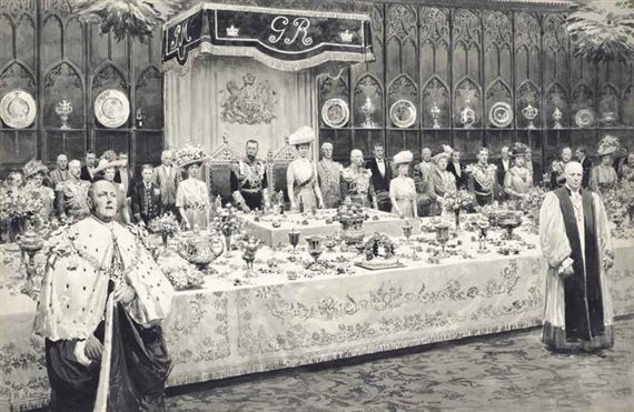 A banquet for H.R.H. King George V and H.R.H. Queen Mary with Cosmo Lang, Archbishop of Canterbury and another member of the clergy in the foreground