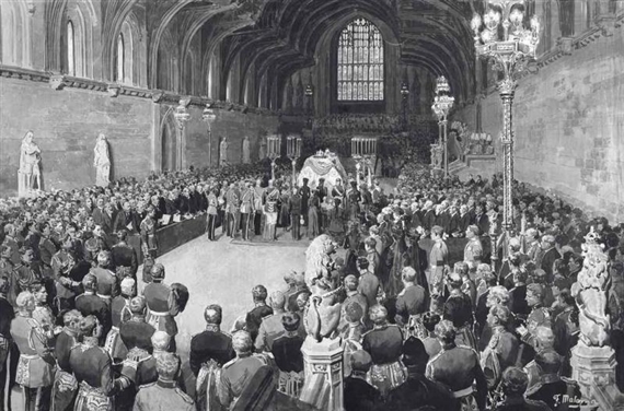 H.R.H. King George V lying in state in Westminster Hall; and The funeral service of H.R.H. King Edward VII in St. George's Chapel, Windsor by Fortunino Matania, 1910