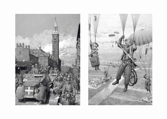 Germany enters Denmark’s Capital – Tuesday, April 9: The scene in front of Copenhagen’s town hall (left); and Germany’s newest weapon – The parachute troops: The new method of warfare in the attack on the Low Countries (right)