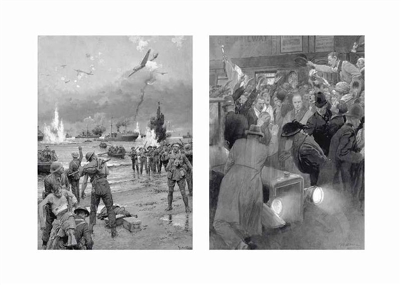 2 works; The fascist premier of Italy arrives in London: Mussolini arriving at Victoria Station, London, for the Allied Conference on German Reparation (illustrated); and President Wilson announcing the birth of the League of Nations by Fortunino Matania, 1919; 1922