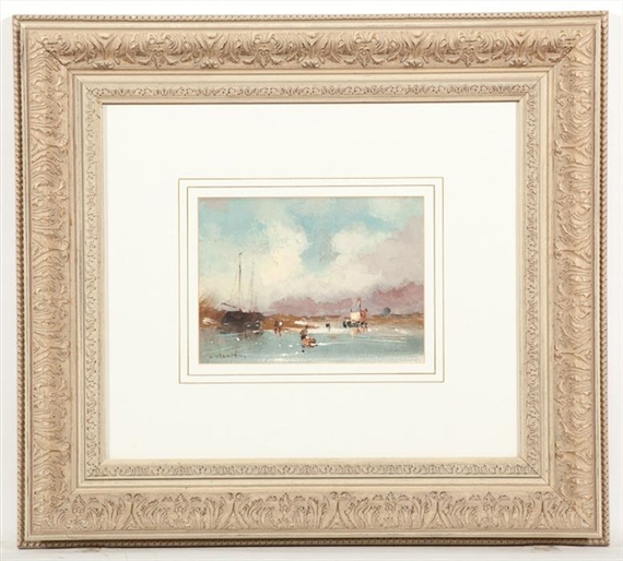 A framed watercolor seascape featuring a boat and distant figures under a cloudy sky.