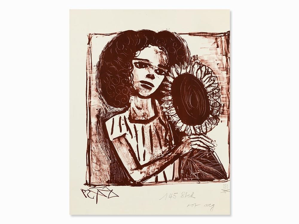 Artwork by Otto Dix, Lithograph,Mädchen mit Sonnenblume, Made of Lithograph in red brown on wove paper