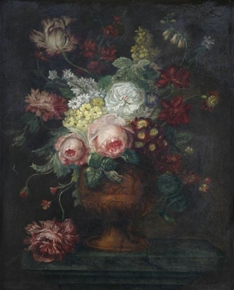 Josef Lauer | Still life of flowers in a relief decorated vase on a ...