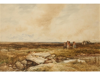 Workers carrying baskets on their shoulders trekking across a heathland beside a river - Frances Wimperis
