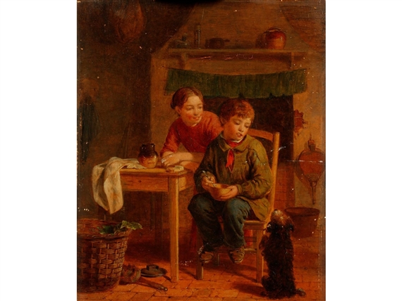 A young boy and a young girl at the kitchen table with a terrier begging for food at their feet by William Hemsley, 1857