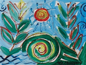 A vibrant, abstract painting featuring a stylized sun and swirling green forms against a blue background.