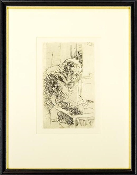A monochromatic sketch of a figure seated at a table, rendered in expressive cross-hatching.