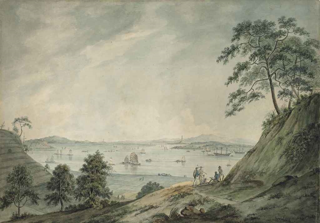 Artwork by William Daniell, View of the French Island looking up the Canton River, Made of pencil and watercolour on paper