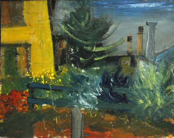 A vibrant, impressionistic landscape featuring a yellow building and green foliage under a moody sky.