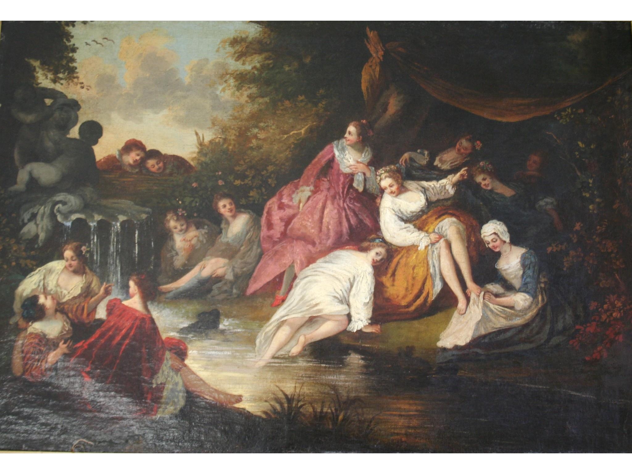 Artwork by Jean-Antoine Watteau, A ladies' bathing party in the woods, boys looking on, Made of oil on canvas