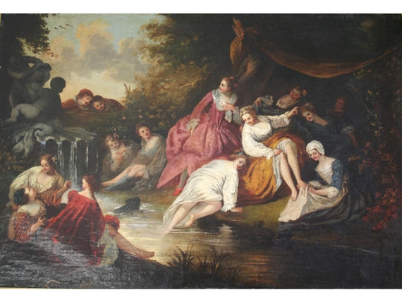 A ladies' bathing party in the woods, boys looking on by Jean-Antoine Watteau