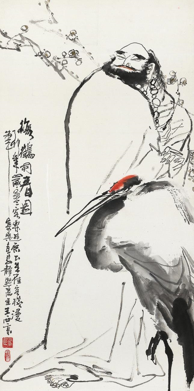 Artwork by Wang Xijing, BUDDHA AND CRANE, Made of ink and colour on paper