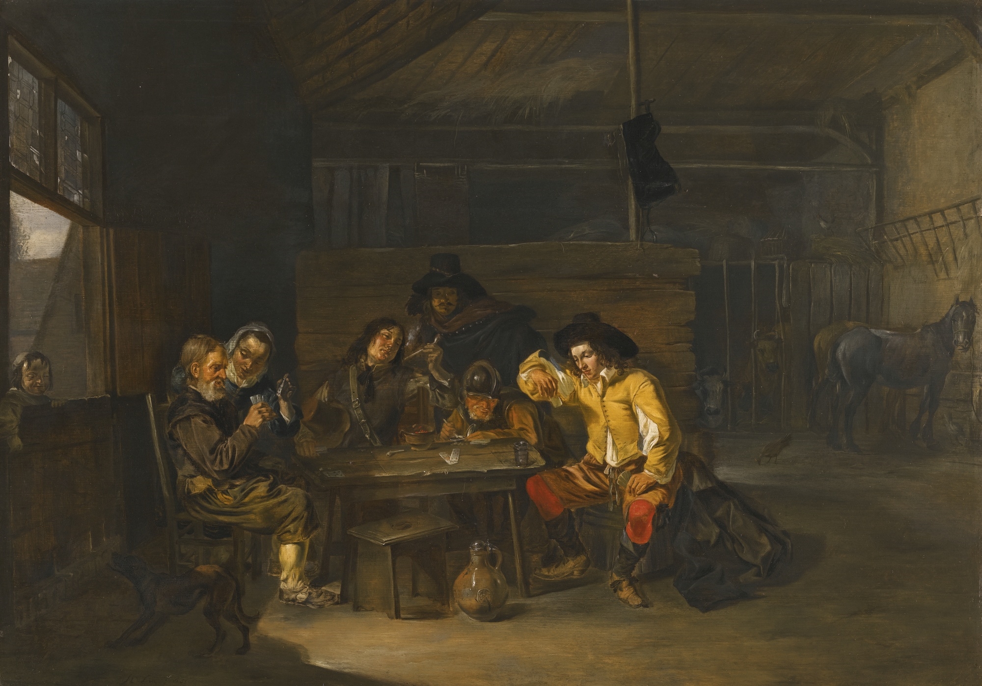 Artwork by Herman van Lin, A TAVERN INTERIOR WITH CAVALIERS AND PEASANTS PLAYING CARDS, Made of oil on oak panel