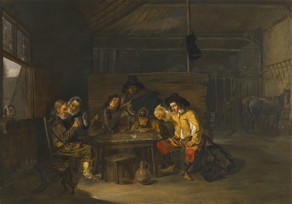 A TAVERN INTERIOR WITH CAVALIERS AND PEASANTS PLAYING CARDS by Herman van Lin