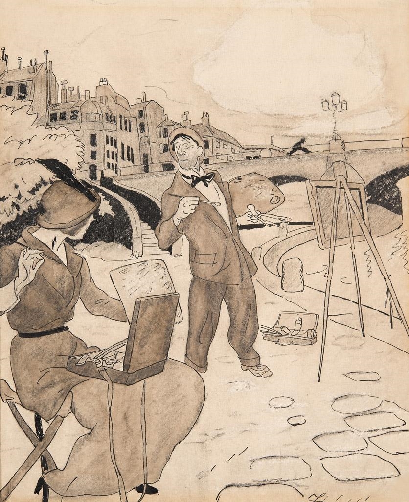 Artwork by Géza Zorad, Artists at the bank of Seine, Made of washed ink, paper, cardboard on wood