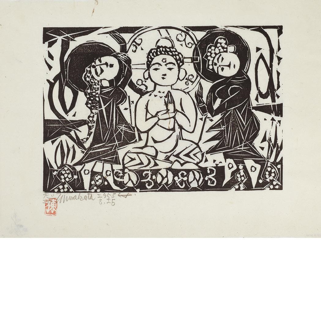 Artwork by Shiko Munakata, GAUTAMA AND BODHISATTVAS, Made of Woodcut