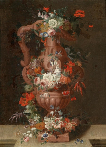 A floral still life with a stone vase by Pieter Hardimé
