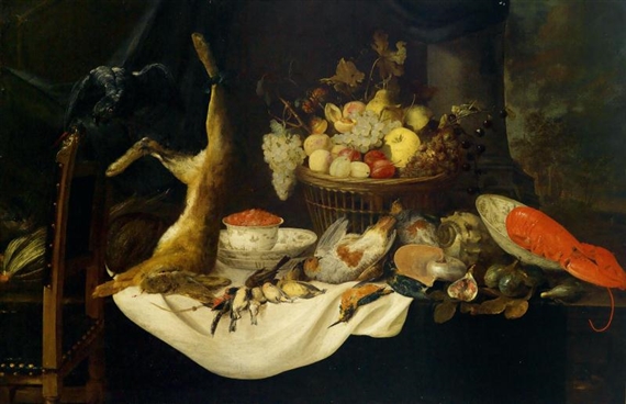 Still life with game, shells, a lobster and a basket of fruit by Pieter van Overschee