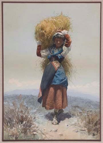 Italian peasant girl carrying a bundle of hay by Domenico de Angelis